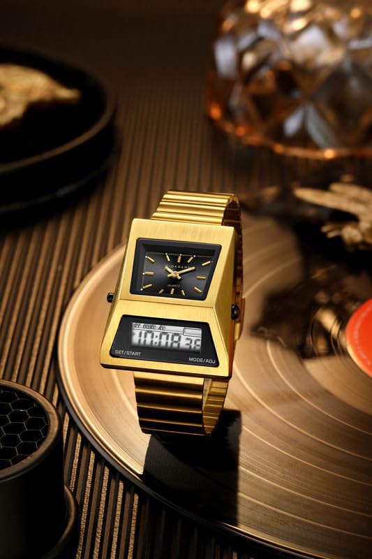 Giordano Analog Digital Watch for Men with Triangle Shape Black Dial, Dual Time Display, Gold Stainless Steel Strap