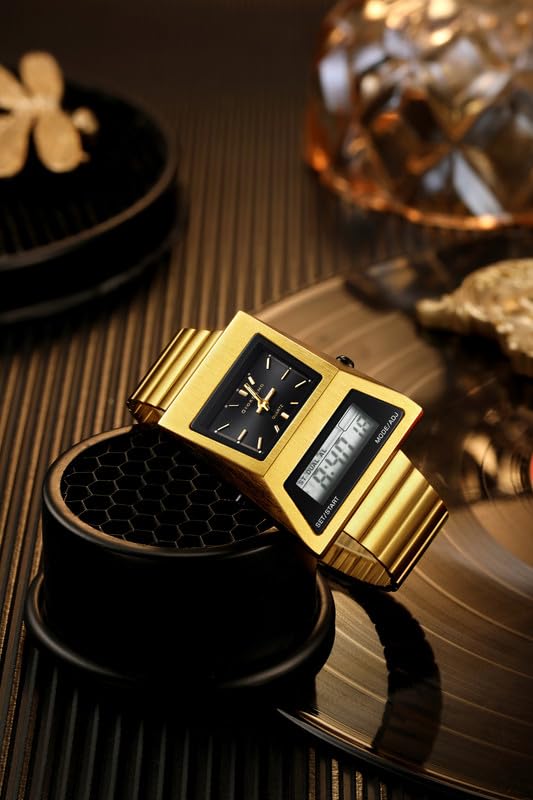 Giordano Analog Digital Watch for Men with Triangle Shape Black Dial, Dual Time Display, Gold Stainless Steel Strap