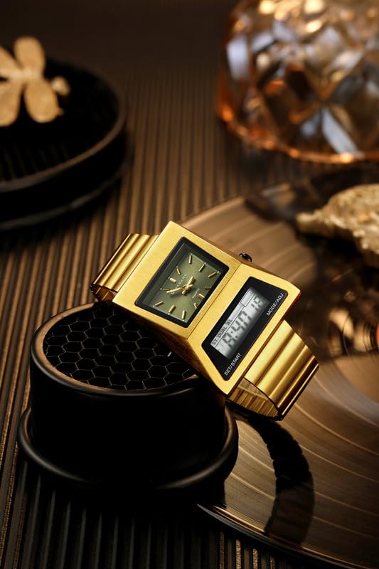 Giordano Analog Digital Watch for Men with Triangle Shape Green Dial, Dual Time Display, Gold Stainless Steel Strap