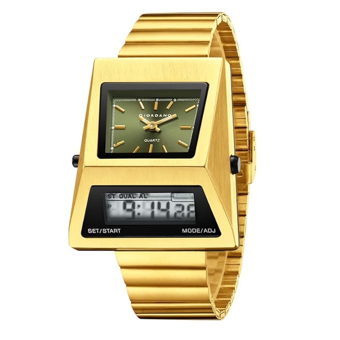 Giordano Analog Digital Watch for Men with Triangle Shape Green Dial, Dual Time Display, Gold Stainless Steel Strap