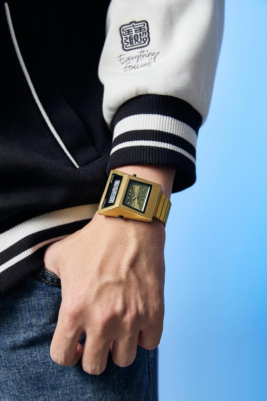 Giordano Analog Digital Watch for Men with Triangle Shape Green Dial, Dual Time Display, Gold Stainless Steel Strap