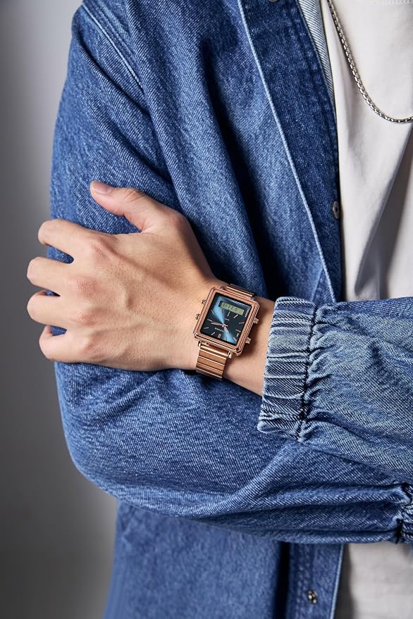 Giordano Analog Digital Watch for Men with Square Dial, Dual Time Display, Stainless Steel Strap
