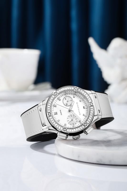 Giordano Analog Watch for Women – Round Dial, Leather Strap, Crystal-Studded Bezel with Quartz Movement