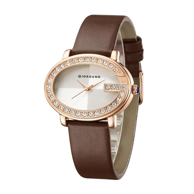 Giordano Monogram Watch for Women with Elegant Oval Shape Dial, Crystal Studded Bezel, Rose Gold Case, Quartz Movement and Leather Strap