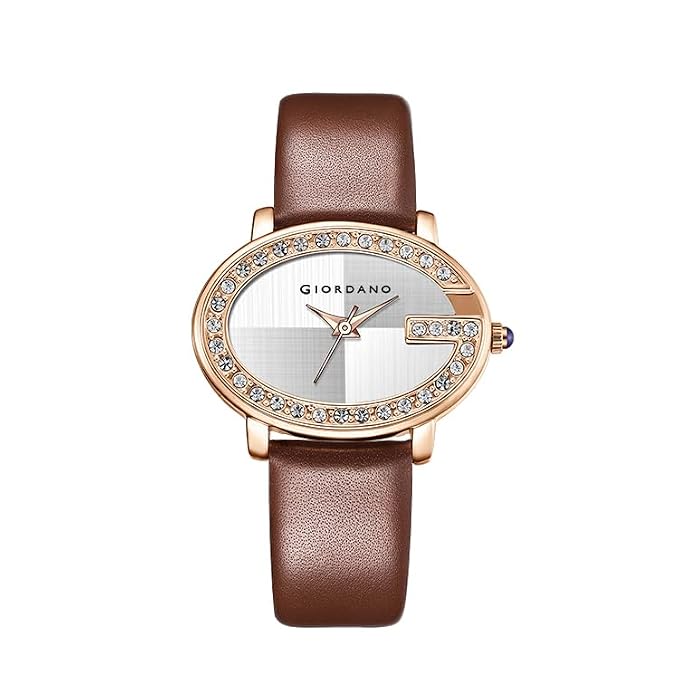 Giordano Monogram Watch for Women with Elegant Oval Shape Dial, Crystal Studded Bezel, Rose Gold Case, Quartz Movement and Leather Strap