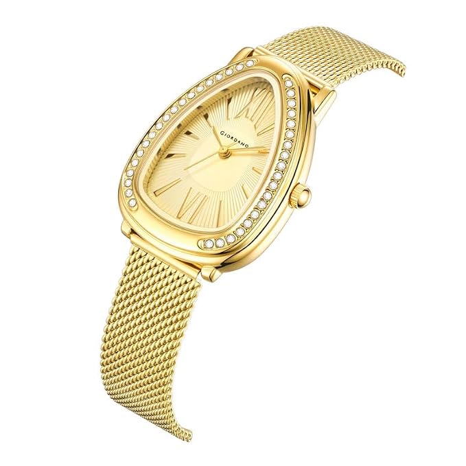 GIORDANO Elegant Analog Watch for Women | Textured Teardrop Dial, Crystal-Studded Oval Case Bezel & Stainless Steel Mesh Strap