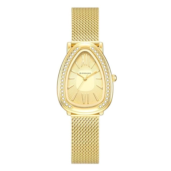 GIORDANO Elegant Analog Watch for Women | Textured Teardrop Dial, Crystal-Studded Oval Case Bezel & Stainless Steel Mesh Strap