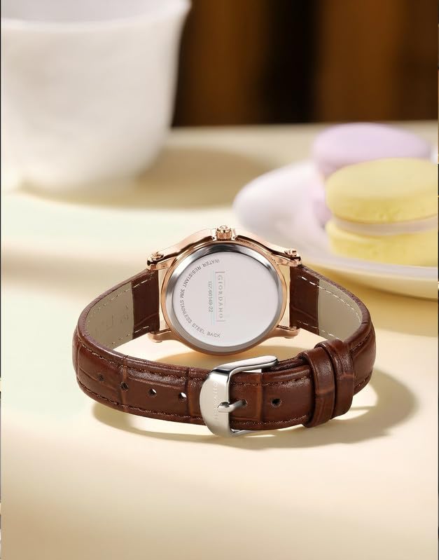 Giordano Elegant Analog Watch for Women with Round Dial & Dancing Diamonds, Arabic Numerals, Blue Crown and Leather Strap