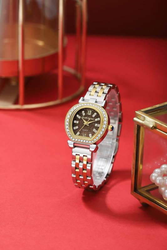 Giordano Analog Quartz Watch for Women with Bangle Set Texured Oval Dial, Roman Indices, Blue Crown, Crystal Studded Hour Markers and Bezel, Stainless Steel Strap