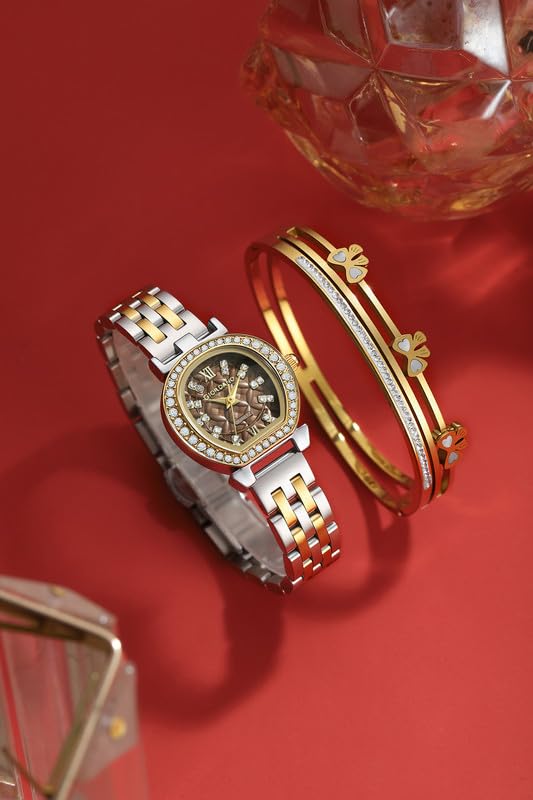 Giordano Analog Quartz Watch for Women with Bangle Set Texured Oval Dial, Roman Indices, Blue Crown, Crystal Studded Hour Markers and Bezel, Stainless Steel Strap