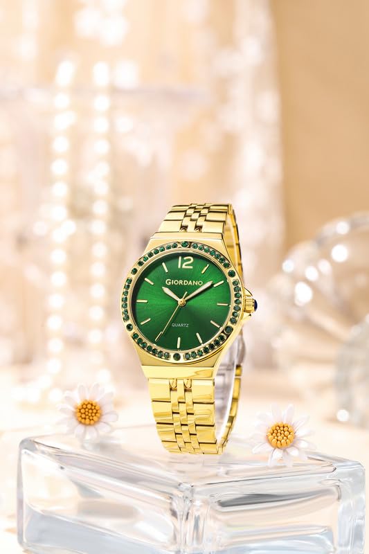 Giordano Analog Quartz Watch for Women with Round Dial, Crystal Studded Bezel, Blue Crown, Luminous Hands, Stainless Steel Strap