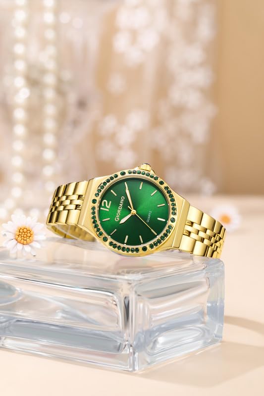 Giordano Analog Quartz Watch for Women with Round Dial, Crystal Studded Bezel, Blue Crown, Luminous Hands, Stainless Steel Strap