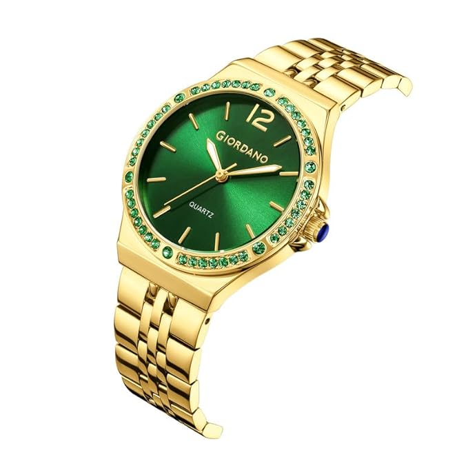Giordano Analog Quartz Watch for Women with Round Dial, Crystal Studded Bezel, Blue Crown, Luminous Hands, Stainless Steel Strap