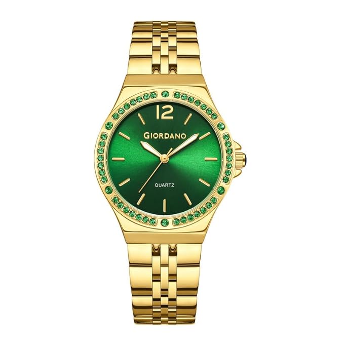 Giordano Analog Quartz Watch for Women with Round Dial, Crystal Studded Bezel, Blue Crown, Luminous Hands, Stainless Steel Strap
