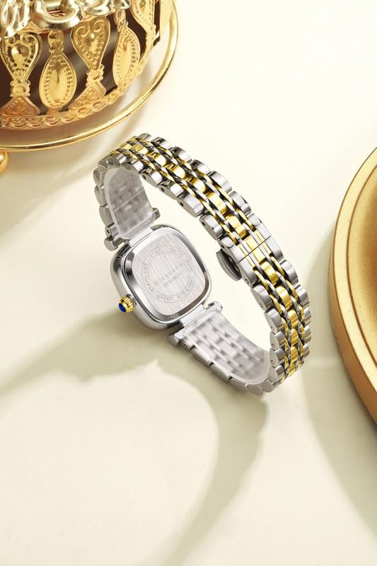 Giordano Analog Quartz Watch for Women with Textured Square Dial, Crystal Studded Bezel, Blue Crown, Stainless Steel Strap