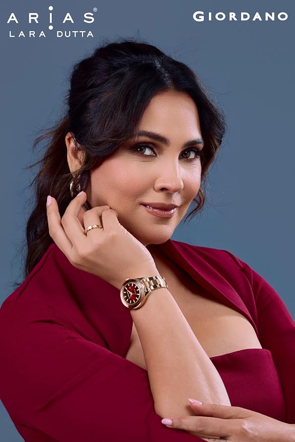 Giordano Arias Lara Dutta Signature Collection Analog Quartz Watch for Women Round Sunray Dial Crystal Hour Markers, Date Display & Stainless Steel Strap