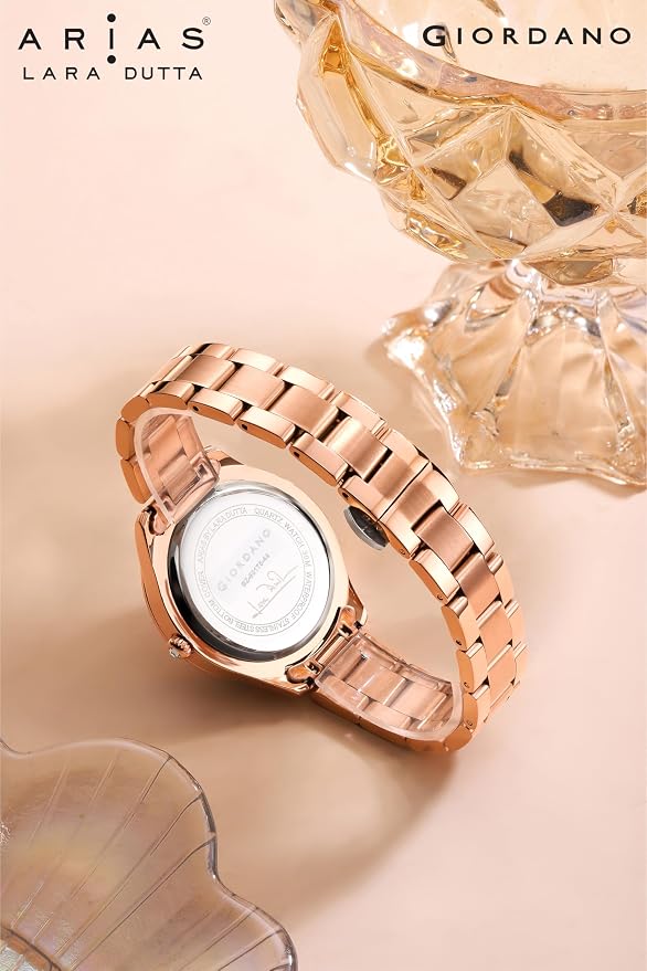 Giordano Arias Lara Dutta Signature Collection Analog Quartz Watch for Women Round Sunray Dial Crystal Hour Markers, Date Display & Stainless Steel Strap