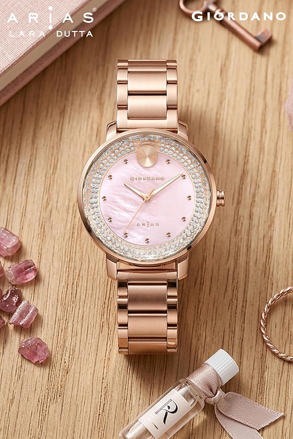 Giordano Arias Lara Dutta Signature Collection Analog Quartz Watch for Women with Mother-of-Pearl Cut Glass Dial, Crystal-Studded Ring, Luminous Hands and Stainless Steel Strap