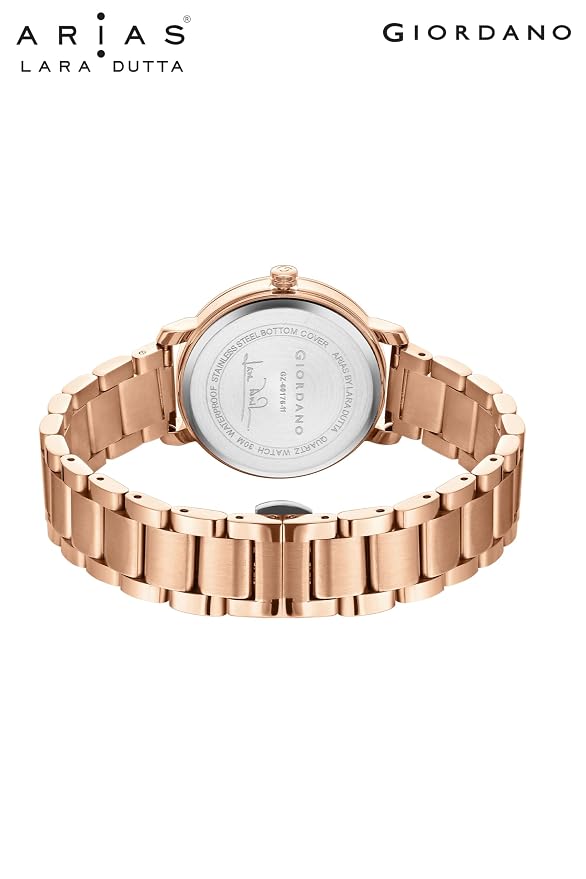 Giordano Arias Lara Dutta Signature Collection Analog Quartz Watch for Women with Mother-of-Pearl Cut Glass Dial, Crystal-Studded Ring, Luminous Hands and Stainless Steel Strap