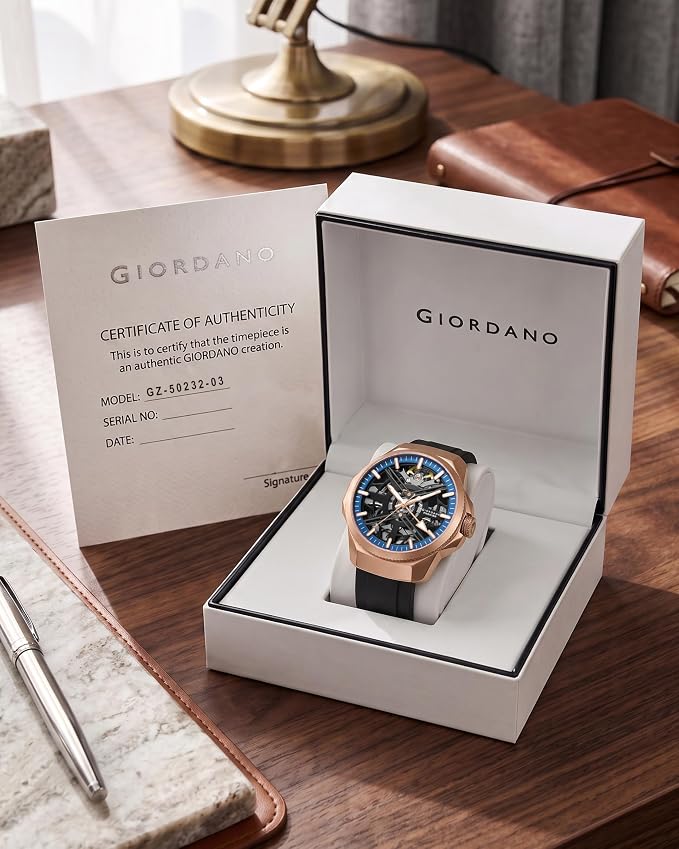 Giordano Premier Xapphire Collection Analog Watch for Men with Round Automatic Mechanical Movement Skeleton-Style Dial, Exposed Gear Design, Baton Hour Markers and Black Silicone Strap