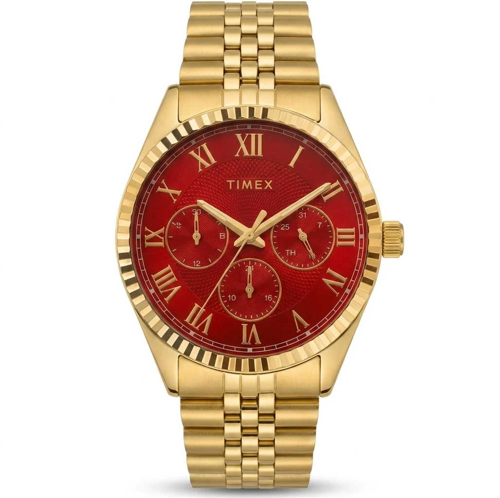 Timex Men's Multifunction Red Dial Gold-Tone Watch