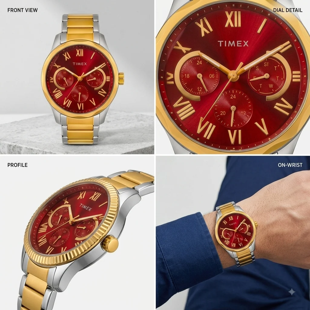 Timex Men's Multifunction Red Dial Gold-Tone Two-Tone Watch