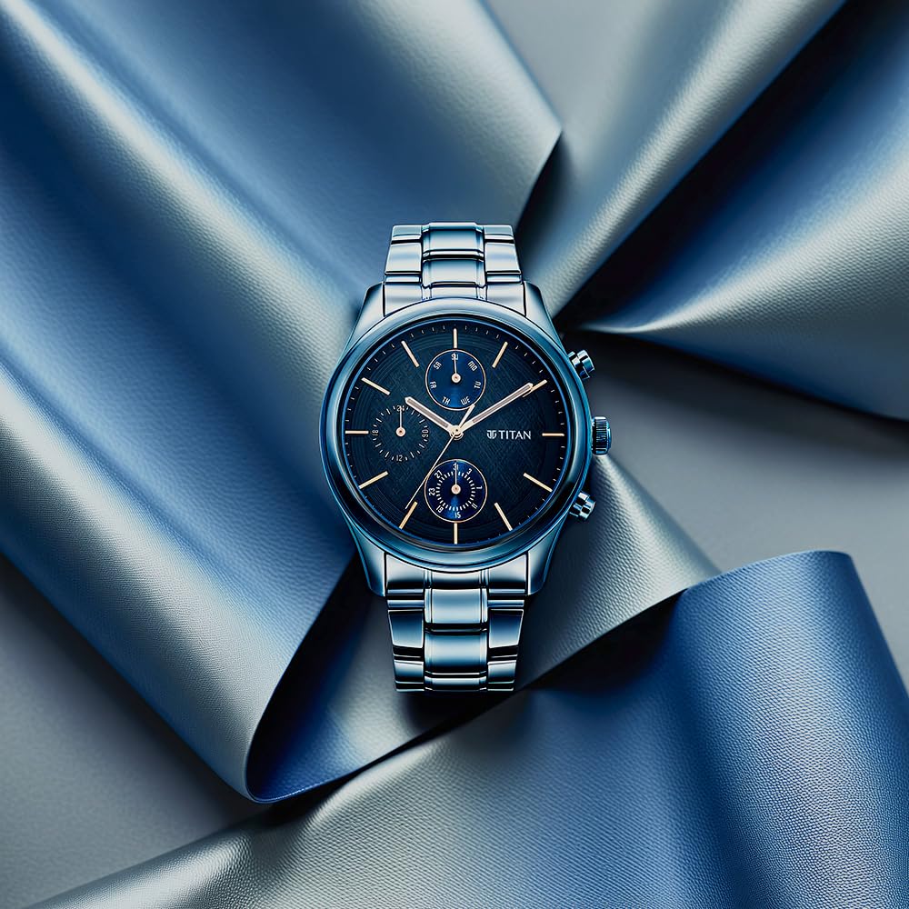 Titan Neo Splash Quartz Multifunction Midnight Blue Dial Metallic Blue Stainless Steel Strap Watch for Men
