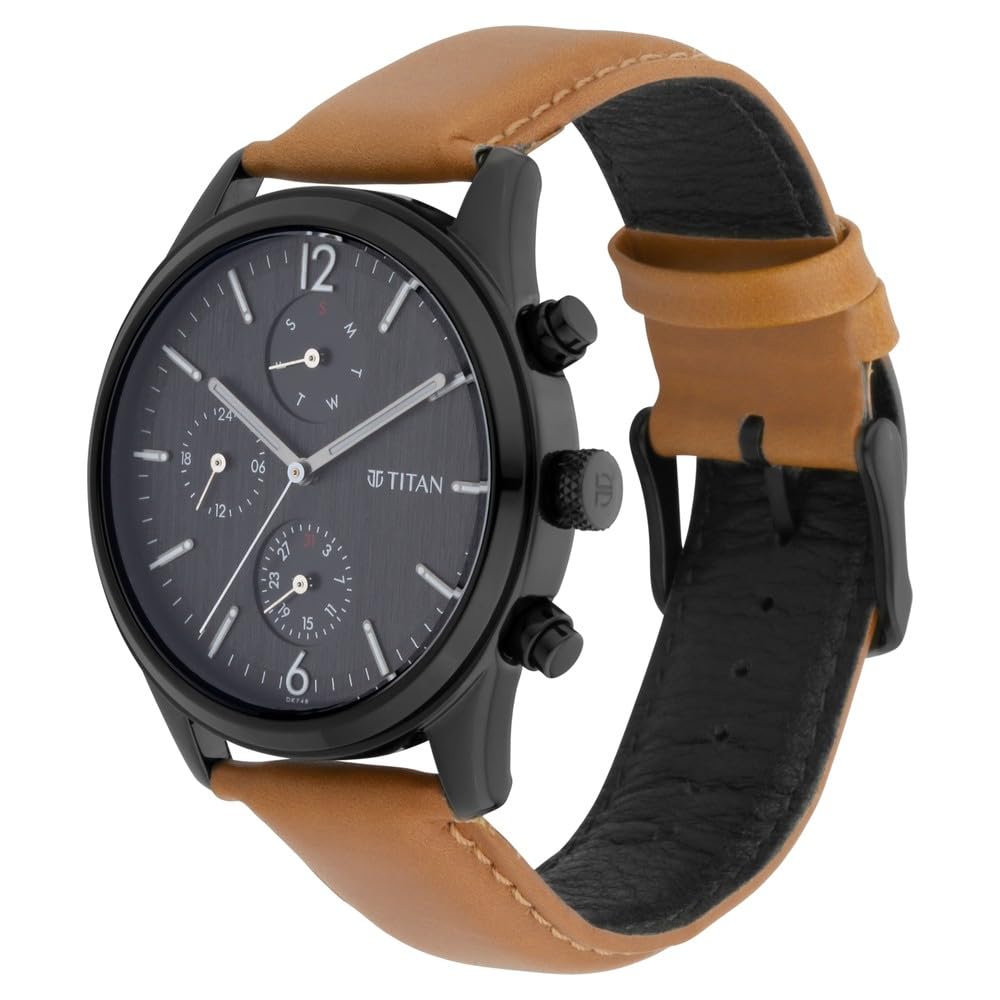 Titan Men's Metropolitan Charm: Men's Multifunctional Black Watch with Leather Strap