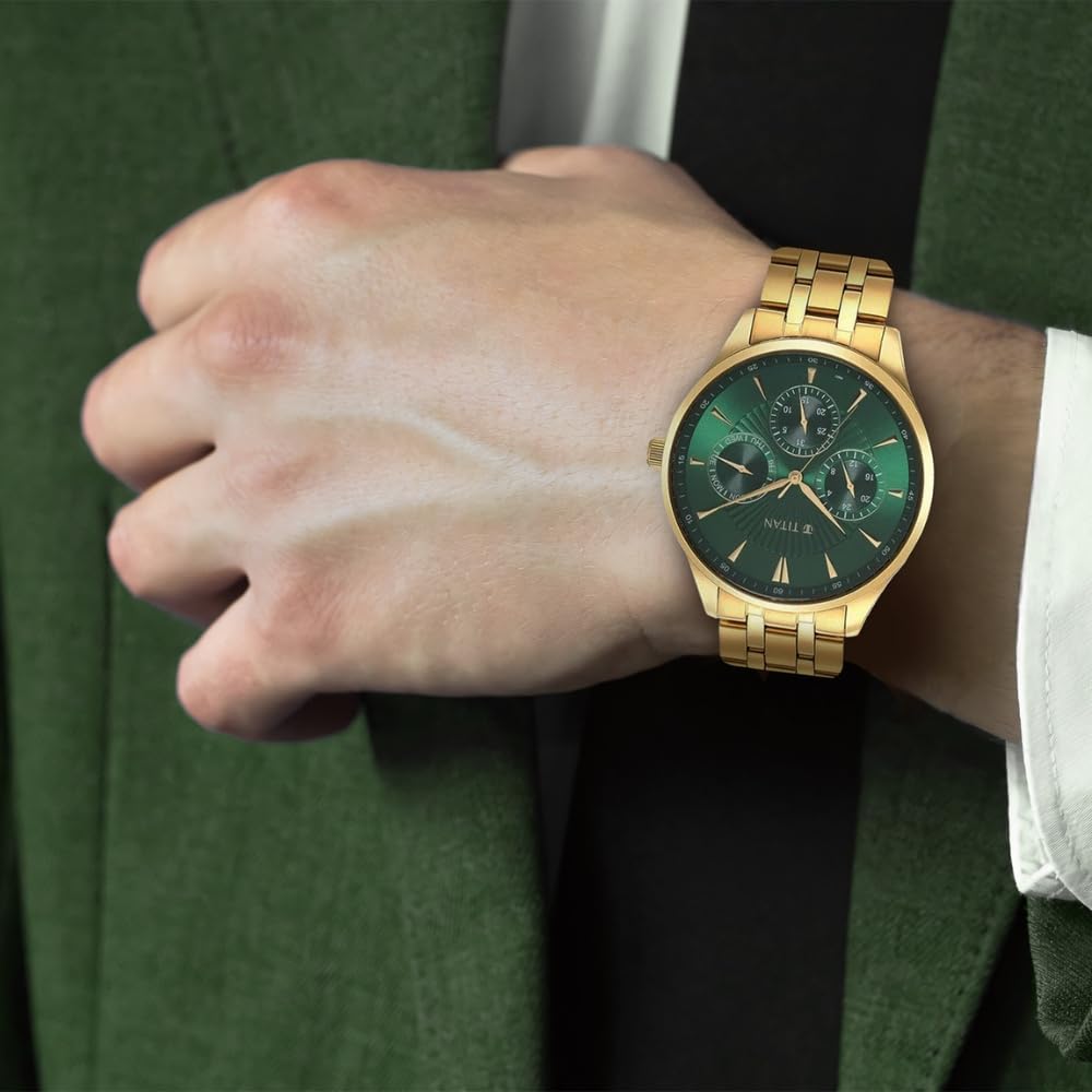Titan Opulent LII Quartz Multifunction Green Dial Rose Gold Stainless Steel Strap Watch for Men