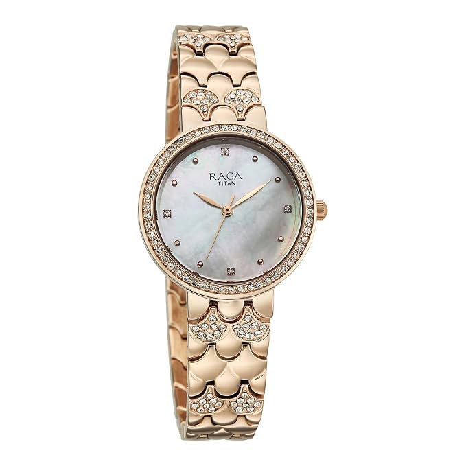 Titan Raga Spotlight 2.0 Quartz Analog 3Hands Display White Dial Rose Gold Color Strap Watch for Women