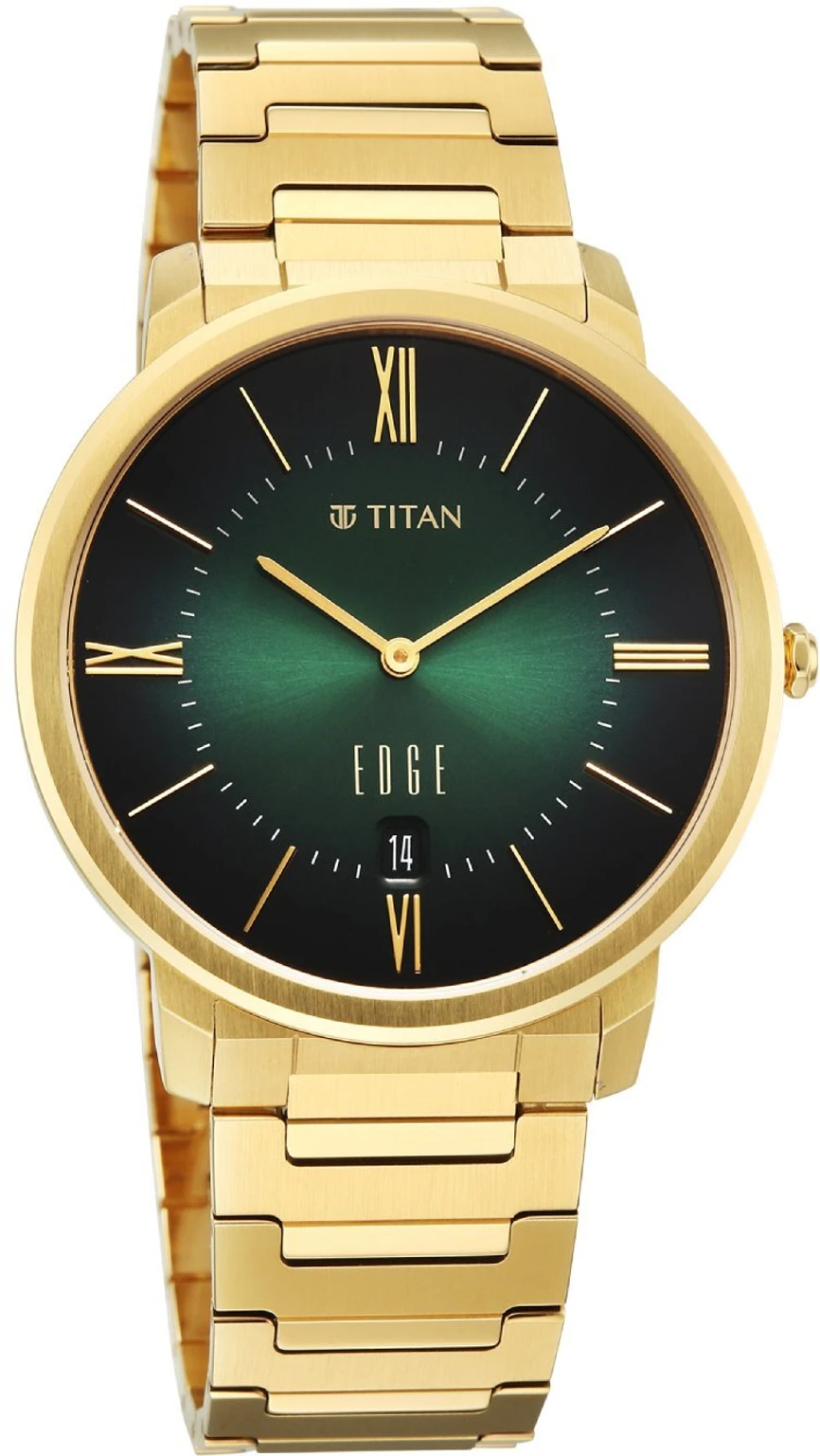Titan Edge Meister 2Hands+Date Green Dial Gold Plated Stainless Steel 316L Strap Analog Watch  - For Men