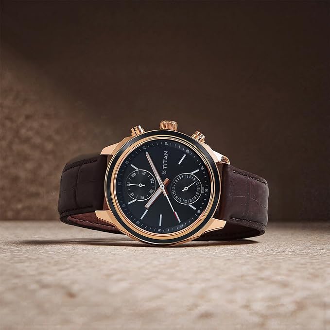 Titan Workwear Quartz Multifunction Black Dial Brown Leather Strap Watch for Men