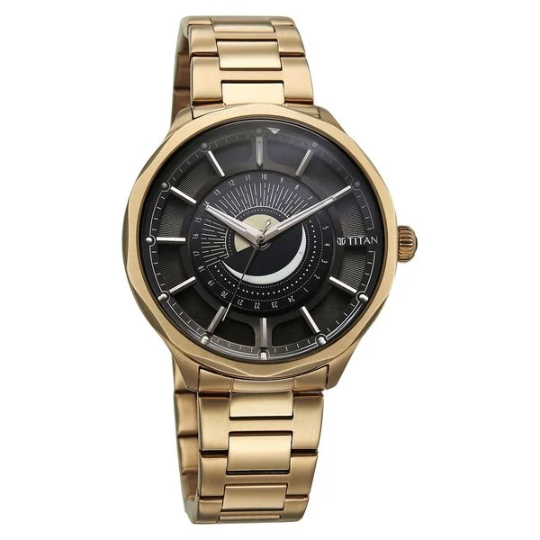 Titan Stellar Analog with Sun Moon Phase and Black Dial Carnation Gold Stainless Steel Strap Watch for Men