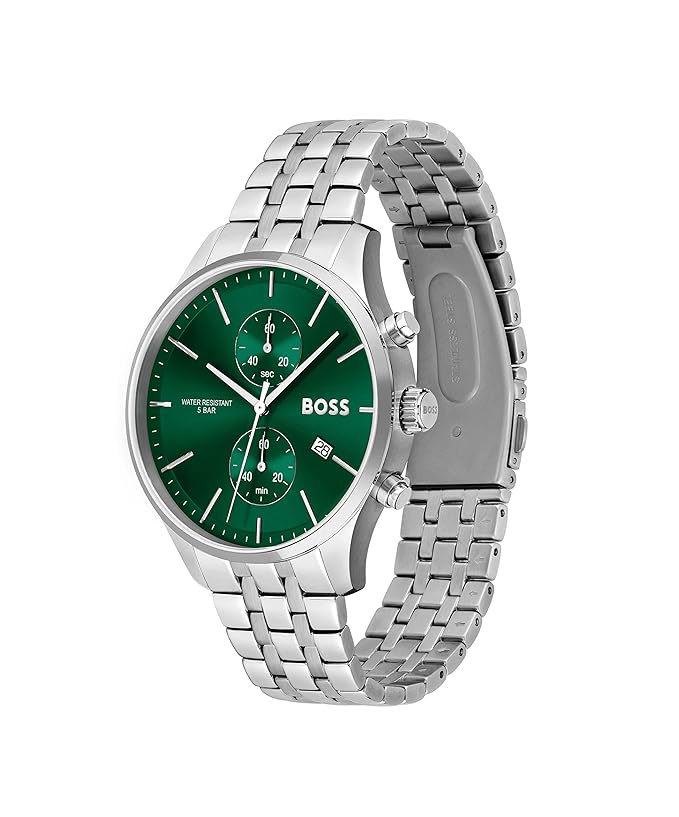BOSS Men Associate Qtz Fashion Chrono Green Round Dial Analog Watch|Stainless Steel Material|Silver Color Band