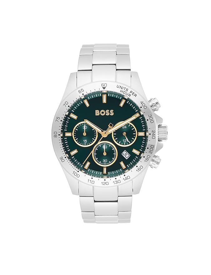 BOSS Hero Qtm Qtz Fashion Chrono Green Round Dial Men's Watch|Stainless Steel Material|Silver Color Band