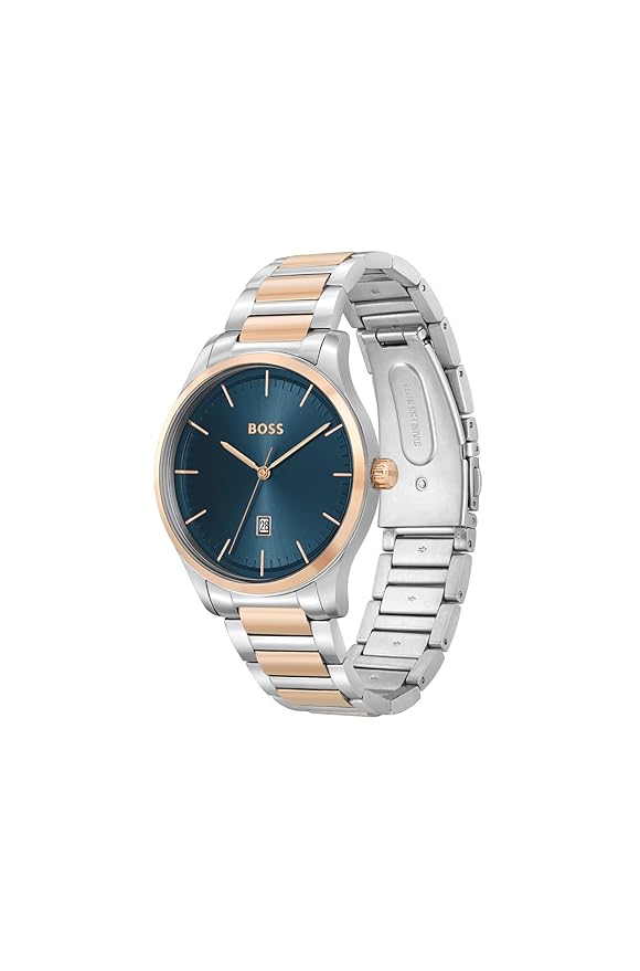 BOSS Reason Qtz Basic Calendar Blue Round Dial Men's Watch|Two Tone Stainless Steel Material|Silver Color Band