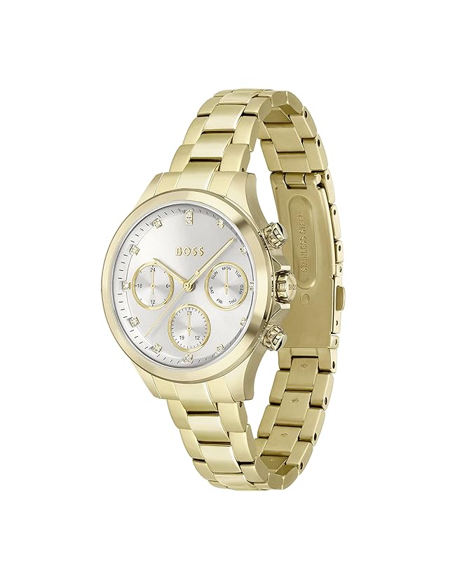 BOSS Hera Qtz Multifunction Silver White Round Dial Women's Watch|Ionic Plated Thin Gold Steel Material|Gold Color Band