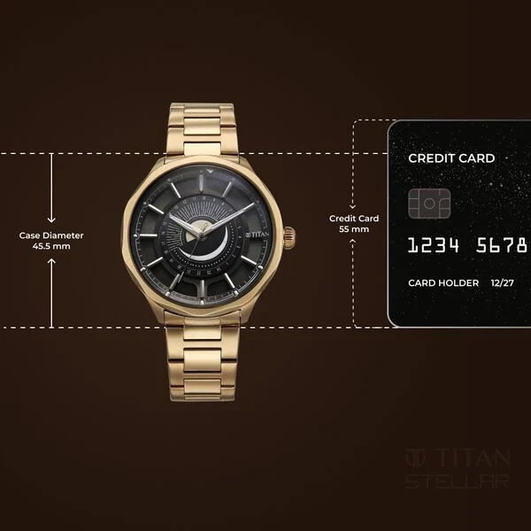 Titan Stellar Analog with Sun Moon Phase and Black Dial Carnation Gold Stainless Steel Strap Watch for Men