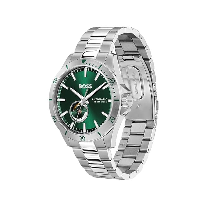 Hugo BOSS Analog Watch Troper Automatic Mech-Automatic Green Round Dial Men's Watch|Stainless Steel Material|Silver Color Band