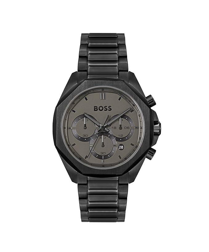 BOSS Cloud Qtz Fashion Chrono Grey Round Dial Men's Analog Watch|Ionic Plated Black Steel Material|Black Color Band