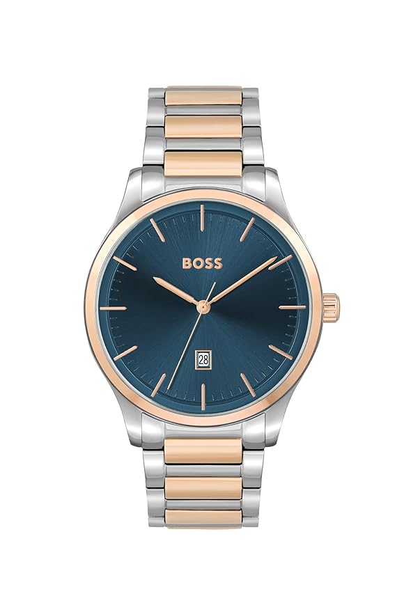 BOSS Reason Qtz Basic Calendar Blue Round Dial Men's Watch|Two Tone Stainless Steel Material|Silver Color Band