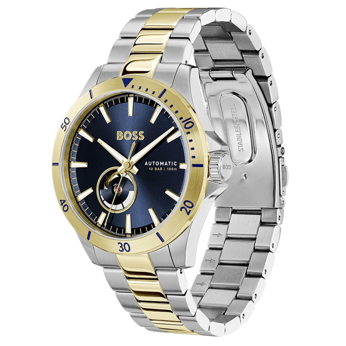 BOSS Mens Troper Automatic Mech-Automatic Blue Round Dial Analog Watch|Two Tone Stainless Steel Material|Silver Color Band