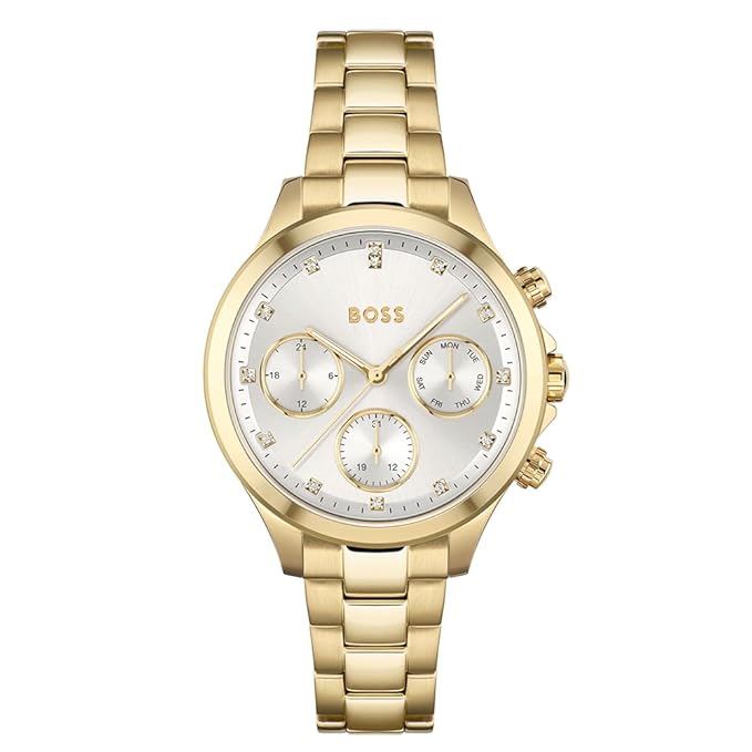 BOSS Hera Qtz Multifunction Silver White Round Dial Women's Watch|Ionic Plated Thin Gold Steel Material|Gold Color Band