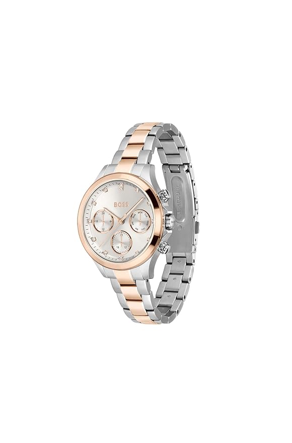 HUGO BOSS Hera Qtz Multifunction Silver White Round Dial Women's Watch|Two Tone Stainless Steel Material|Silver Color Band