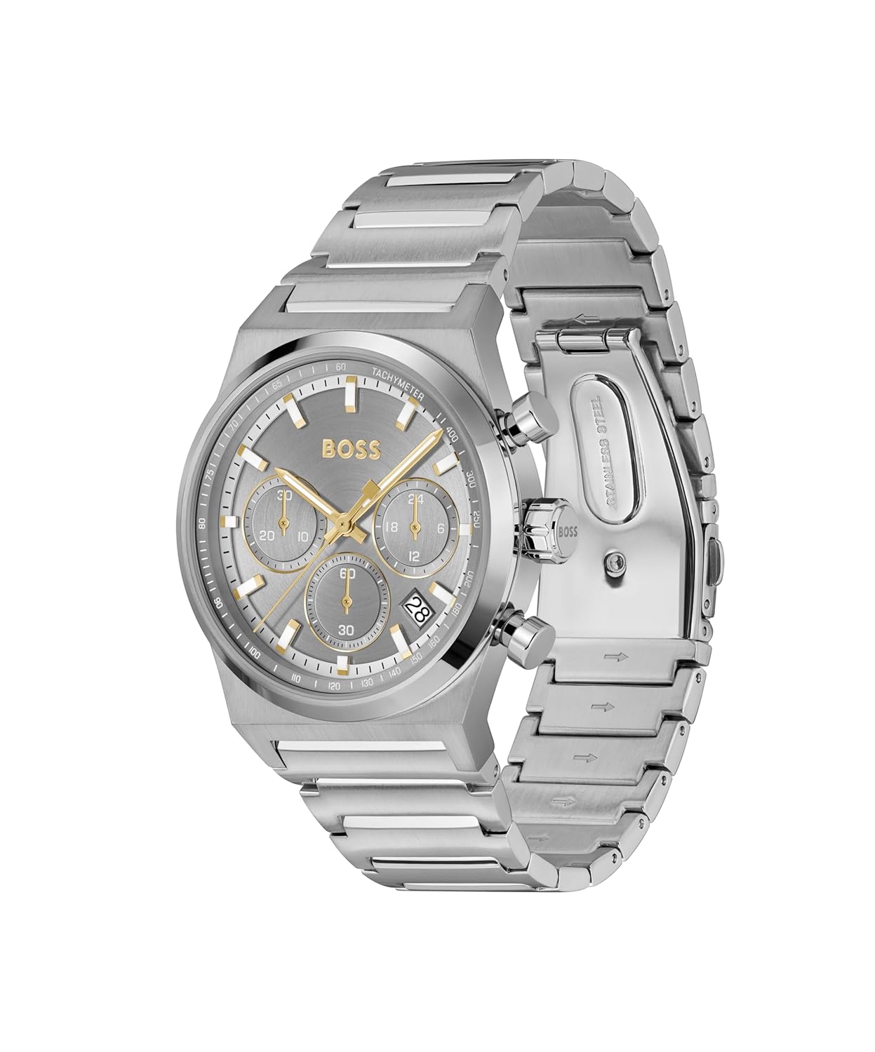 BOSS Candor Chrono Qtz Fashion Chrono Grey Round Dial Men's Watch|Stainless Steel Material|Silver Color Band