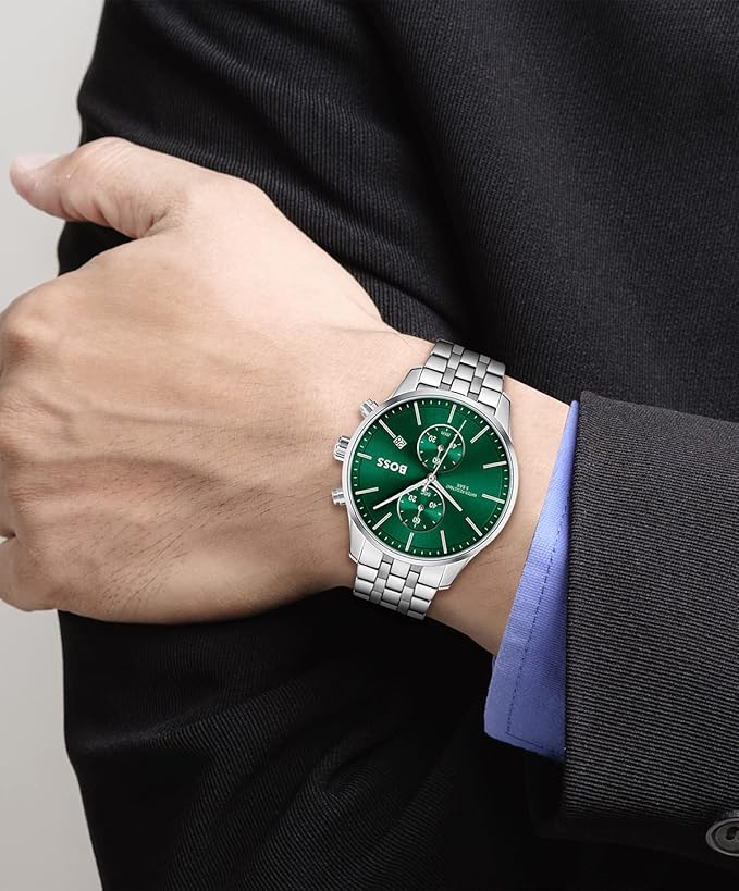 BOSS Men Associate Qtz Fashion Chrono Green Round Dial Analog Watch|Stainless Steel Material|Silver Color Band
