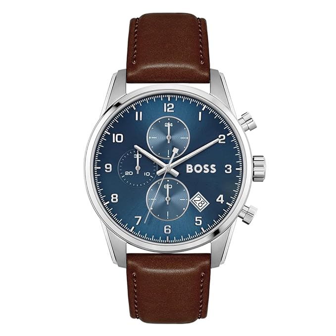 Hugo Boss Leather Skymaster Analog Blue Dial Men's Watch-Band Color-Brown