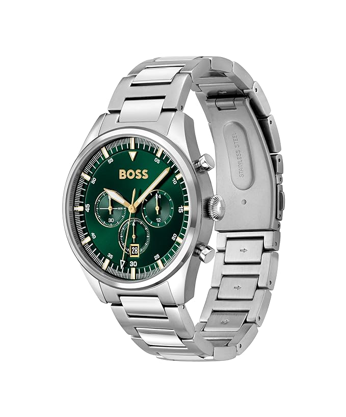 BOSS Hugo Stainless Steel Pioneer Analog Green Dial Men Watch- Silver Band