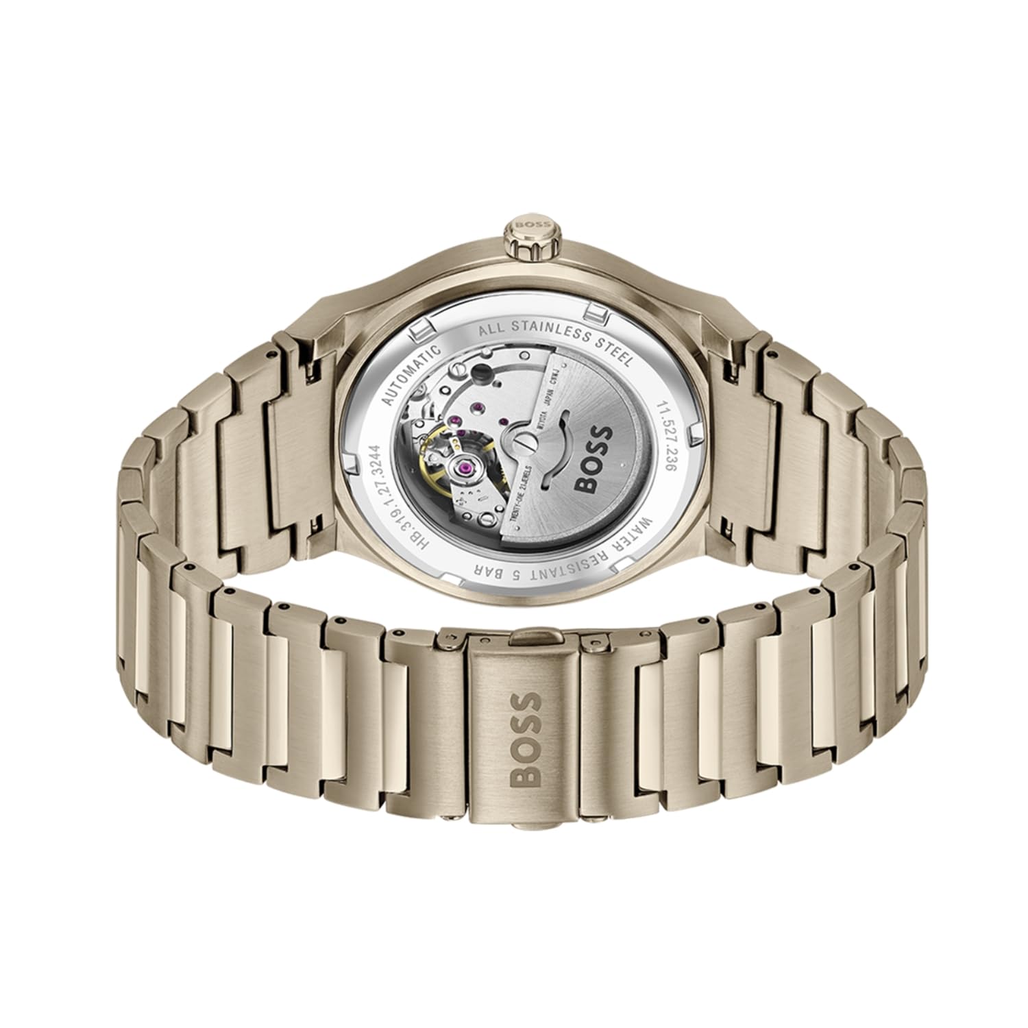 BOSS Candor Auto Mech-Automatic Olive Green Round Dial Men's Watch|Ionic Plated Beige Gold Steel Material|Gold Color Band