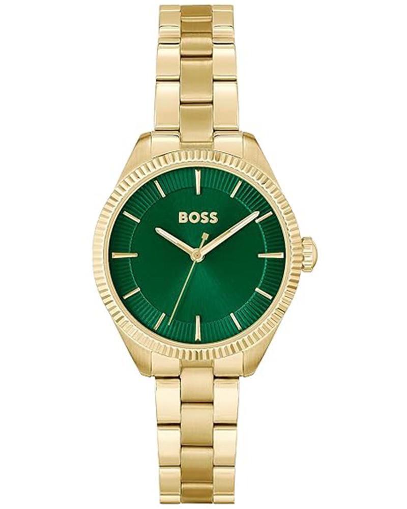 HUGO BOSS Sage Qtz Basic Green Round Dial Women's Analog Watch|Ionic Plated Thin Gold Steel Material|Gold Color Band